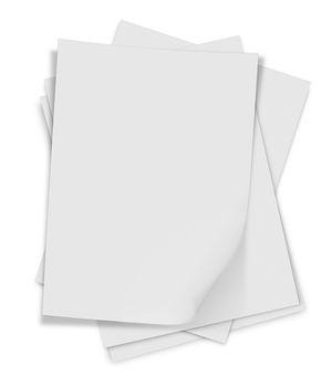 close up of stack of papers with curl on white background