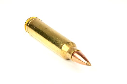 slanted front view 300 winchester magnum caliber cartridge on white background