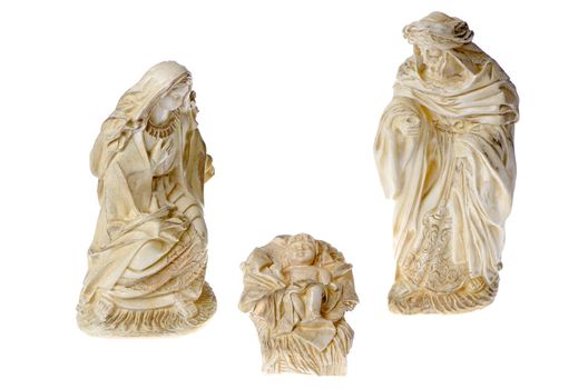 Ceramic nativity scene isolated on white background.