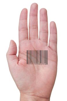 Barcode printed across the palm of a hand