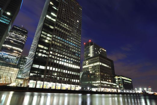 Skyscrapers in Canary Wharf business district at night