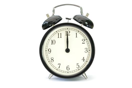 Closeup of an alarm clock face at 12 o'clock