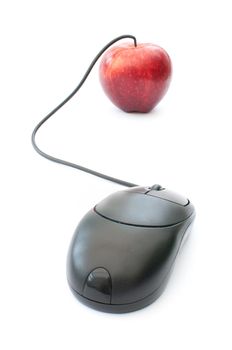 Computer cable attached to a red apple 