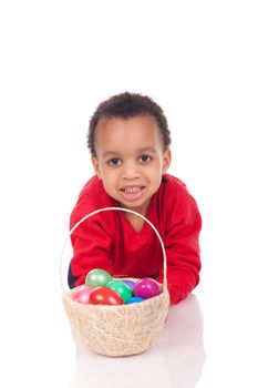 Child Boy kid holding up his easter basket