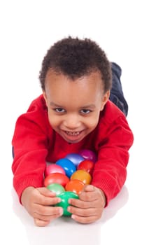 boy with easter eggs, isolated on white