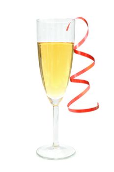 Champagne glass with decorative red ribbon 