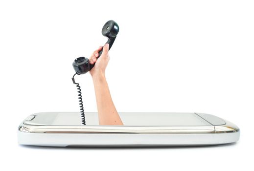 Hand holding a telephone receiver from a mobile cell phone