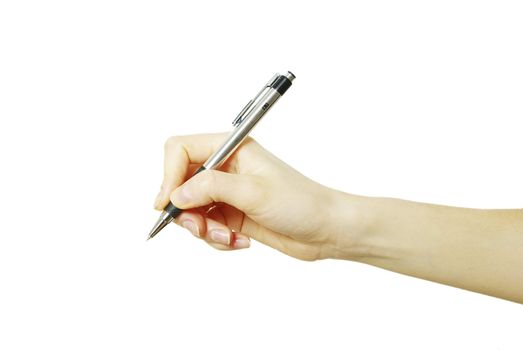 pen in woman hand isolated on white background 