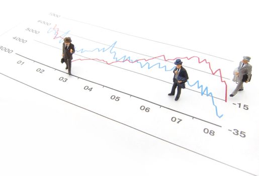 Miniature business men standing on a financial line graph