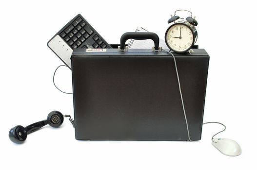 Various office appliances hanging out of a briefcase including a telephone receiver and computer mouse 