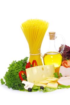 Ingredients for cooking italian pasta over white