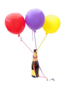Three balloons tied around a bottle of champagne