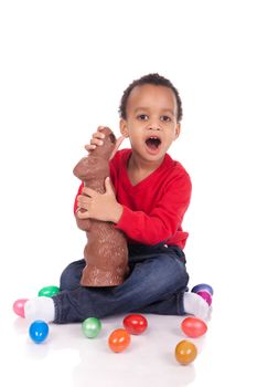 boy with easter eggs, isolated on white