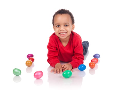 boy with easter eggs, isolated on white