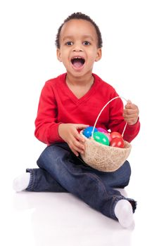 Child Boy kid holding up his easter basket