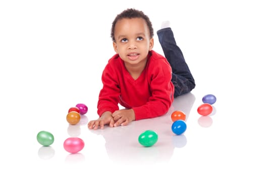 boy with easter eggs, isolated on white