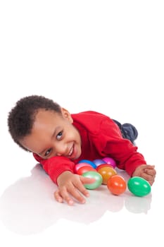 boy with easter eggs, isolated on white