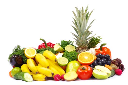 Fresh vegetables and fruits on white