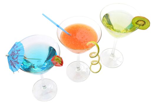 Three different flavoured cocktails isolated on a white background   