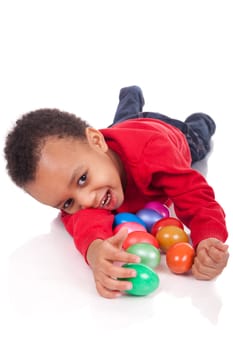 boy with easter eggs, isolated on white