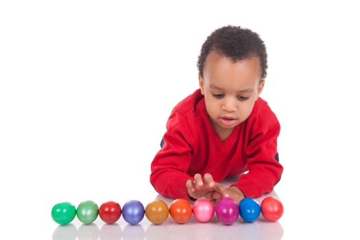 boy with easter eggs, isolated on white