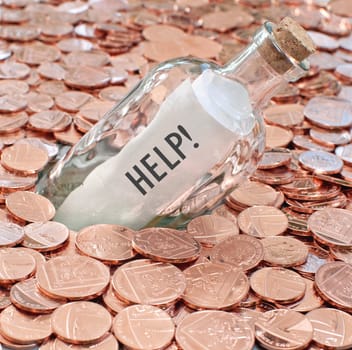 Message bottle buried in coins with a help sign