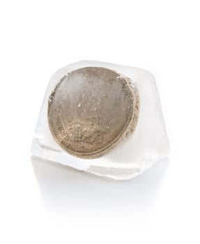 Coin inside a block of ice