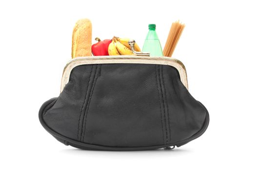 Miniature size groceries inside a purse 