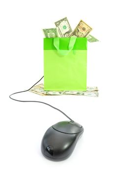 Gift bag packed with banknotes attached to a computer mouse 