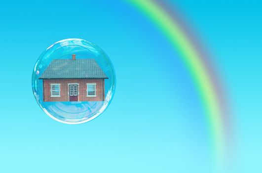 House floating inside a bubble with a rainbow 