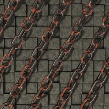 metal chains on stone cubes background - 3d illustration