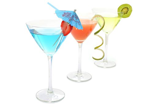 Different flavoured cocktails beverages with food props