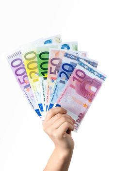 Hand hold money banknotes on white background