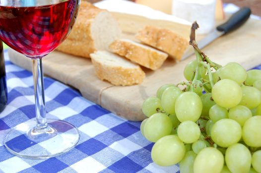 Picnic with cheese and wine on a chequered tablecloth