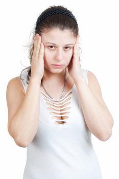 young brunette woman with splitting headache - isolated on white background