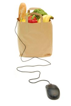Computer mouse attached to a bag of groceries