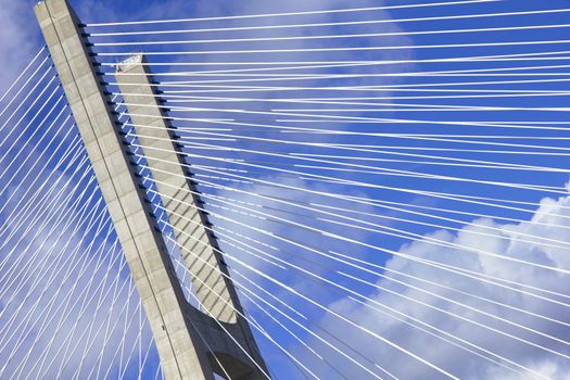 Portugal. Lisbon. Part of the construction of the Vasco da Gama Bridge over the Tagus river 