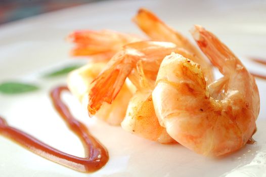 Succulent tiger prawns with gourmet sauce 