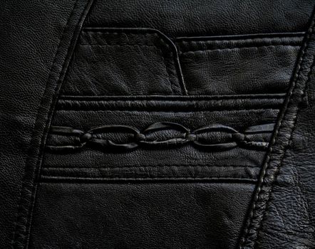 Pocket on the black leather texture as background 