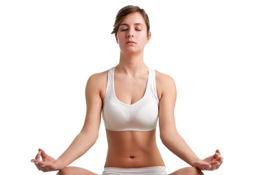 Woman doing yoga isolated on a white background
