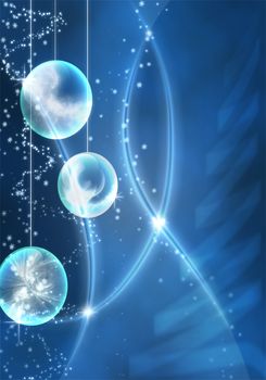 beautiful blue christmas background with christmas bulbs and sparkles