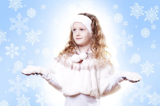 Winter Pleasant Girl snow flake blue  background