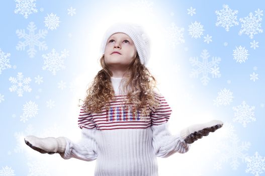 Winter Pleasant Girl snow flake blue  background