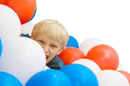 the shouting boy with balloons on white background