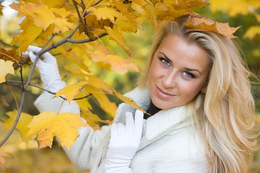 Beauty blond lady in the autumn maple forest