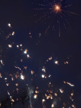 Exploding firework and firework trail  in dark skys