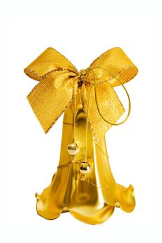 Close-up Golden Christmas bell. Isolated on a white background.