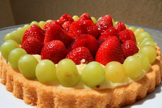 Close up of a fruit cake on a plate.
