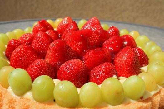 Close up of a fruit cake on a plate.
