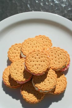 Close up of marshmallow cookies on a plate.
